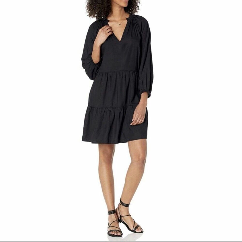 The Drop Women's Caralynmirand Tiered Mini Dress Size L Babydoll Black Pockets